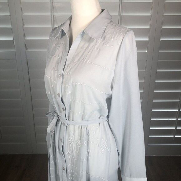 Soft Surroundings Pale Gray Sheer Chiffon Button Up Duster Dress PS Collared Tie - Picture 8 of 12